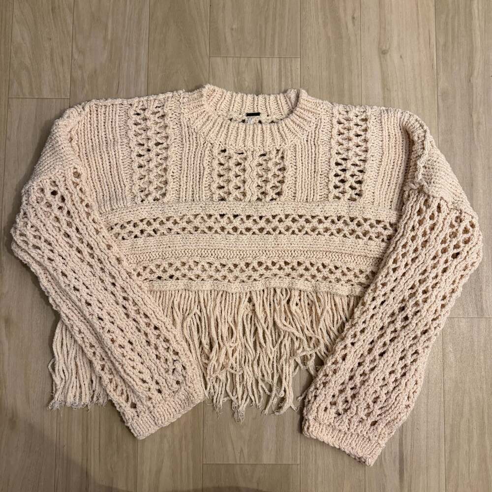 Free People Higher Love Sweater Cream Crochet Fringe Boho M